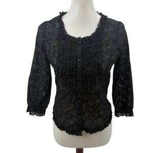 Tribeca Black Sheer Floral Ruffle Button-Up Blouse 3/4 Sleeve Womens S